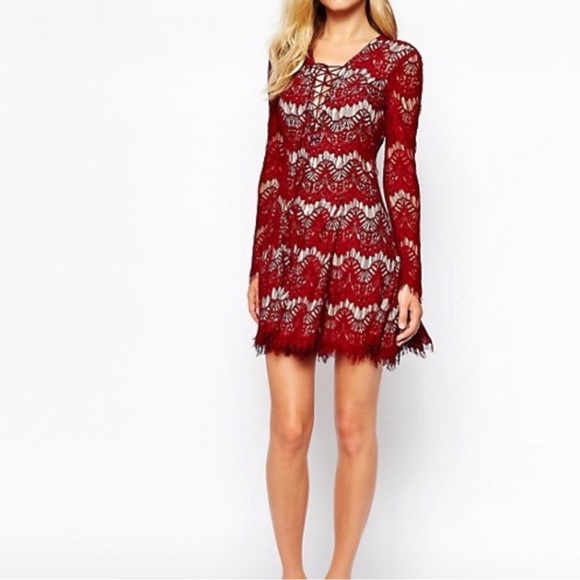 chinese dress ladies Deep Red Lace Long Sleeve Mini Dress main image 0
